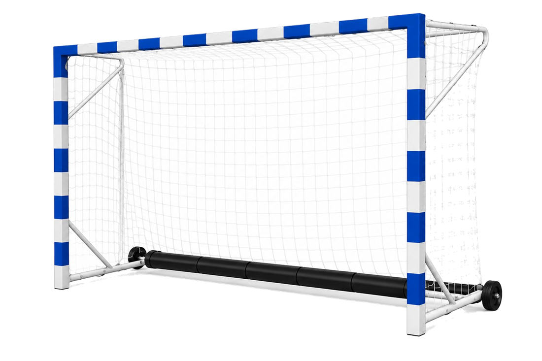 Portería de balonmano y fútbol sala con el sistema antivuelco Tutigool, acabado bicolor blanco y azul